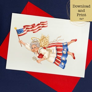 Angel of Freedom wenskaart-liberity angel-Amerikaanse vlag-4 juli digitale kaart-4 juli-patriottische digitale kaart-engel van vrede