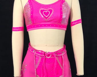 women's pro wrestling gear, cosplay, aerial dance,  hot pink with hearts and rhinestones size M