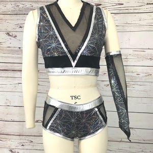 women&#39;s pro wrestling attire, cosplay, dance, gymnastic in black silver spider web spandex, size M