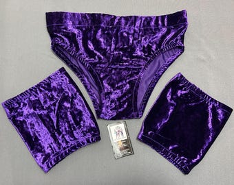 Velvet ProWrestling Trunks & Knee Pad Covers – Premium Ring Gear Size 32” purple