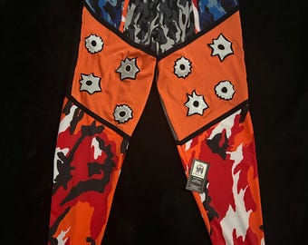 Menswear Pro Wrestling Tights - Custom Style, 36" Waist, Multi-Camouflage Design with Bullet Hole Accents, Men's Pants