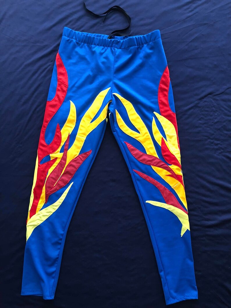 Pro Wrestling Tights Blue With Red and Yellow Flames Designs Etsy