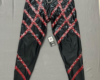 Professional Wrestling Tights – Black & Red Studded Desig In spandex pleather size M