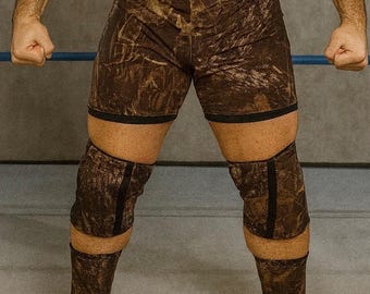 men’s pro wrestling biker shorts and knee pad covers camouflage forest hunter attire size 36”