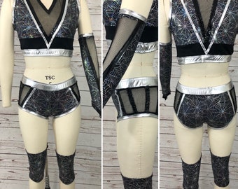 Pro Wrestling Women’s Gear set black silver spider web spandex size M