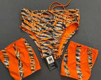 Pro wrestling set men trunks and knee pad covers orange zebra