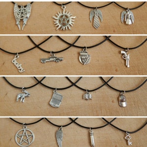 Supernatural Pentagram Angel Wings Impala Charm Necklace - One Leather Necklace