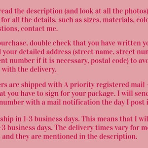 May include: Pink background with white text outlining the shipping and delivery policies for an Etsy shop. The text includes information about reading the description, checking the address, shipping times, and tracking numbers.