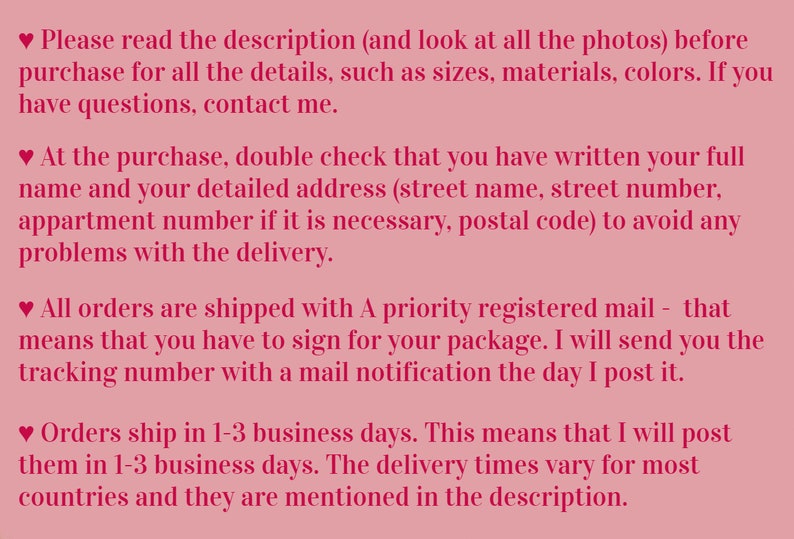 May include: Pink background with white text outlining the shipping and delivery policies for an Etsy shop. The text includes information about reading the description, checking the address, shipping times, and tracking numbers.