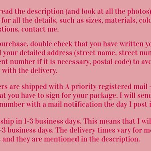 May include: Pink background with white text outlining the shipping and delivery policies for an Etsy shop. The text includes information about reading the description, checking the address, shipping times, and tracking numbers.
