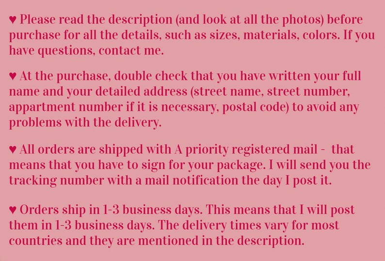 May include: Pink background with white text outlining the shipping and delivery policies for an Etsy shop. The text includes information about reading the description, checking the address, shipping times, and tracking numbers.