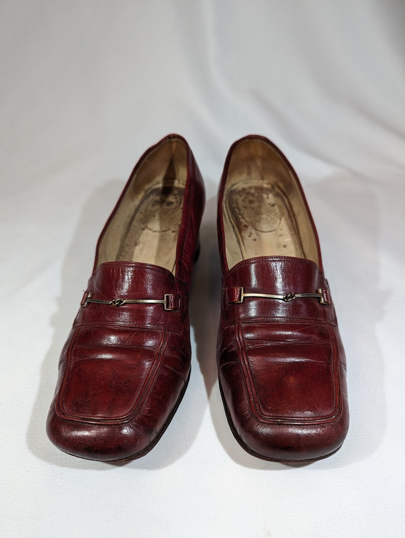 Vintage 1960's Russell and Bromley Burgundy Red Loafers with a silver Chain. UK image 5