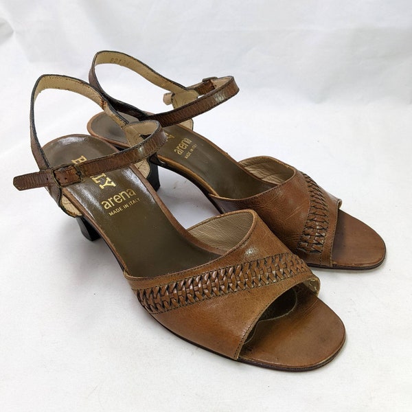 Vintage 1980's Bally 'Arena' Brown Leather Sandals with chunky Wooden Heel. UK Size 7.