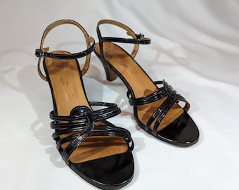 Vintage 1980's Italian Black Patent Strappy Heeled Sandals. UK Size 5.