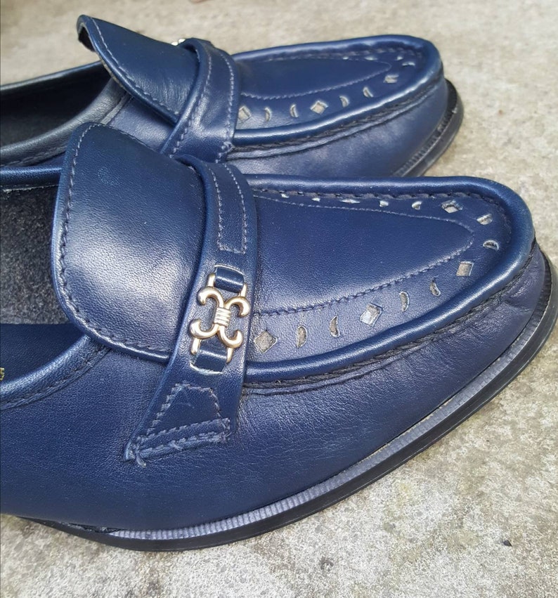 Vintage 1980/'s Clarks Navy Blue Chunky Heeled Moccasins Loafer UK size 5.
