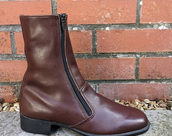 Vintage 1960's Gluv Unisex Brown Leather Zip Up Ankle Boots with Fur Lining. UK Size Men's Small 6 / Women's 6.5