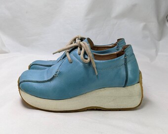 Vintage 1990's Sky Blue Platform Hi Stack Kickers with Chunky White Foam Sole. UK Size 5.