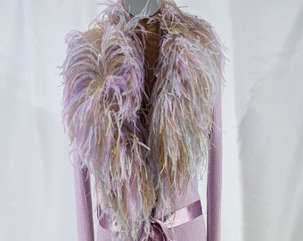 Vintage 1990's Rare Valentino Garavanni Fine Pink Rib Knit Cardigan with Feather Trim. UK Size 8.