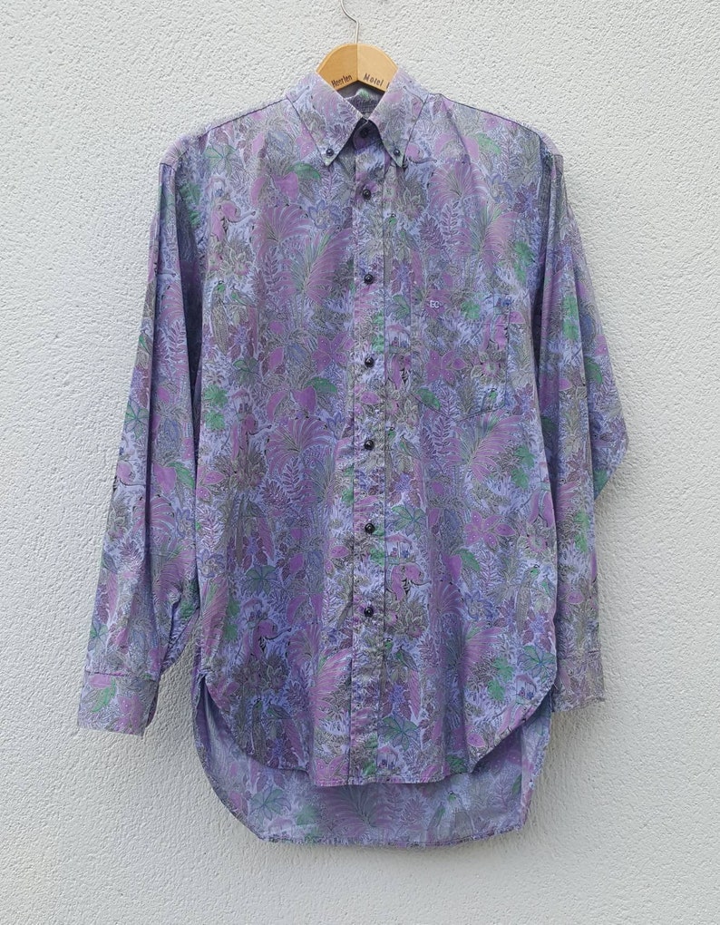 Neck 15 inch UK size Chest 3840 Mens Vintage 1980/'s Italian Jungle Print Cotton Purple Shirt
