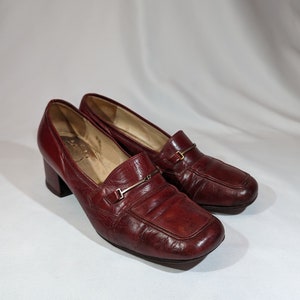 Vintage 1960's Russell and Bromley Burgundy Red Loafers with a silver Chain. UK image 1