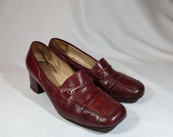 Vintage 1960's Russell and Bromley Burgundy Red Loafers with a silver Chain. UK