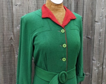 Original 1940's Moygashel's Green and Red Wool Day Dress with Matching Belt. UK Size 8. Chest Size 33/34 inch.