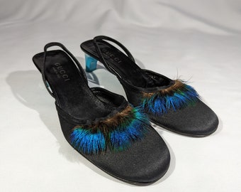 Vintage 1999's Tom Ford for Gucci Black Satin Sling Backs with Blue Feathers. UK size 4. Euro Size 36.5.