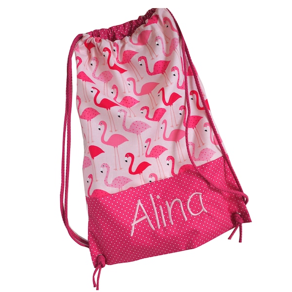 Cloth bag, backpack, flamingo, with name, for daycare, kindergarten, as a gym bag, etc.