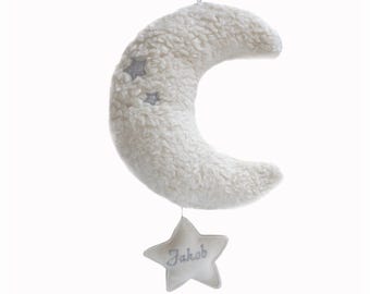 Personalized musical mobile, moon, cotton teddy bear, baby toy, with name