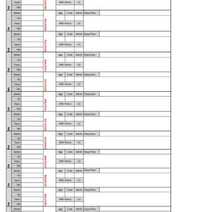 May include: A blank charge report form with columns for name, age, code, admit, and dispo/plan. The form has a header that says "Charge Report" and a space for the date and updates.