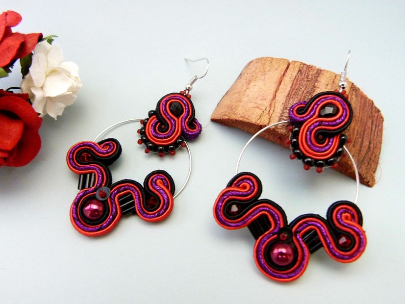 flamenco hoop earrings retro earrings black red earrings belly dance earrings Bollywood earrings big soutache earrings 80s earrings