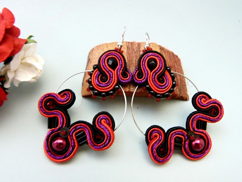 flamenco hoop earrings retro earrings black red earrings belly dance earrings Bollywood earrings big soutache earrings 80s earrings