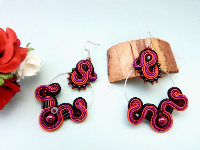 flamenco hoop earrings retro earrings black red earrings belly dance earrings Bollywood earrings big soutache earrings 80s earrings