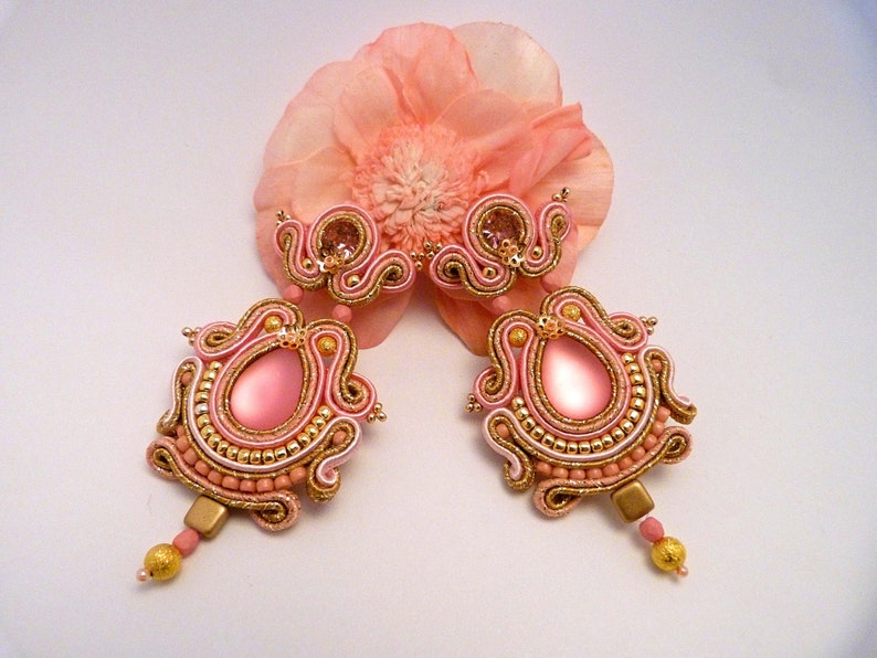 long dangle earrings Flamenco soutache earrings golden rose earrings chandelier earrings big earrings bright earrings elegant earrings