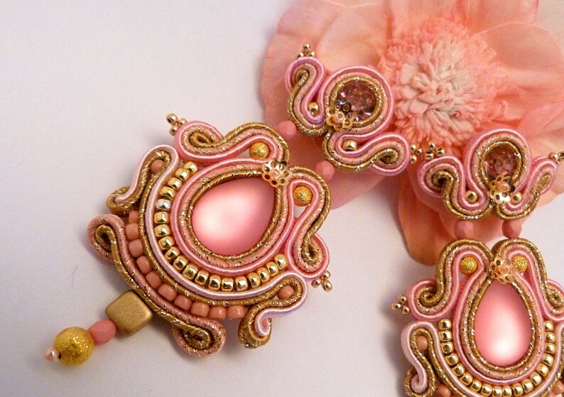 long dangle earrings Flamenco soutache earrings golden rose earrings chandelier earrings big earrings bright earrings elegant earrings