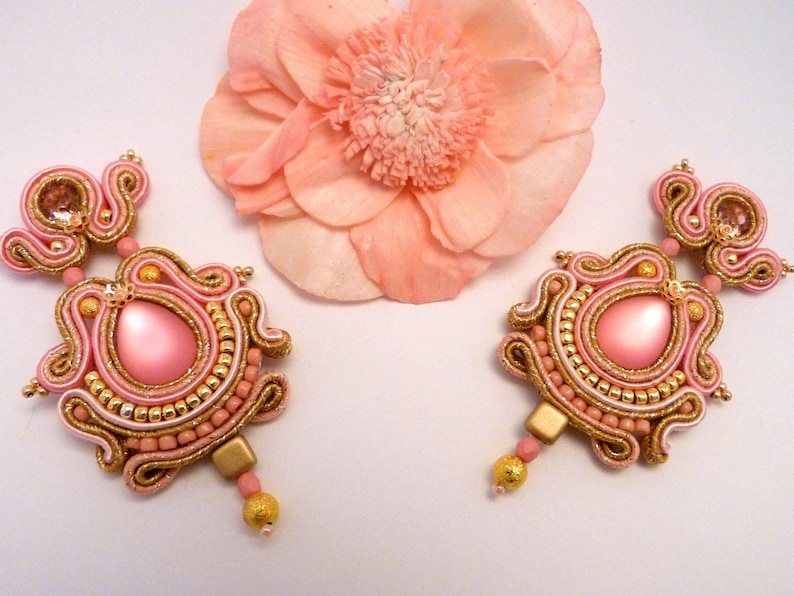 long dangle earrings Flamenco soutache earrings golden rose earrings chandelier earrings big earrings bright earrings elegant earrings
