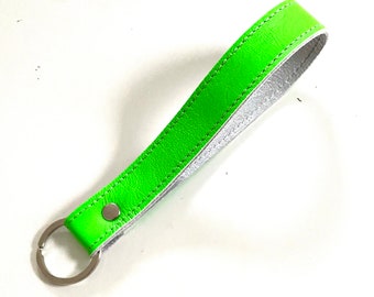 Lanyard neon green with silver inside, genuine leather 17 cm loop key hand strap