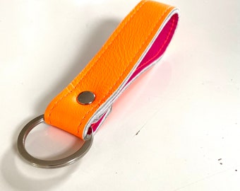 Short key fob, neon orange with pink inside, genuine leather, 11 cm loop, key ring