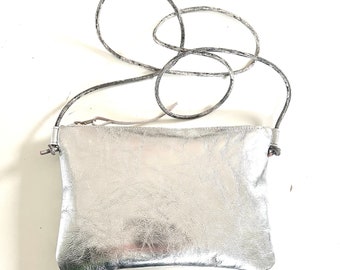 Silver leather shoulder bag with grey leather strap for party or holiday, length adjustable