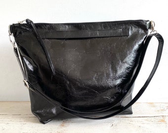 Small shopper calfskin shiny black leather shoulder bag leather shopper leather bag