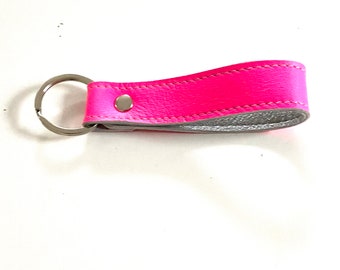 Short lanyard, neon pink with silver inside, genuine leather 11 cm loop, key ring