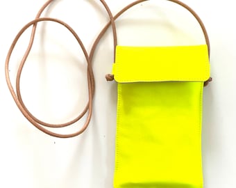 Mobile phone case leather neon yellow for hanging with card compartment made of leather mobile phone case shoulder bag