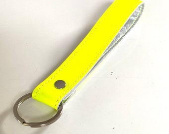 Neon yellow key lanyard with silver lining, genuine leather, 17 cm loop, key wrist strap