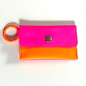 Mini cartera rosa neón y naranja con 3 compartimentos de piel tipo cartera con anilla