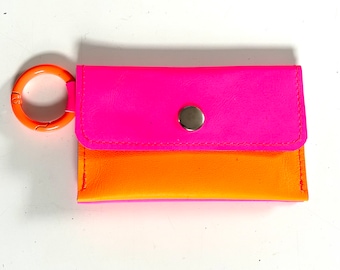 Mini wallet neon pink and orange with 3 compartments made of leather wallet with ring
