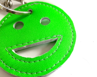 Smiley Leather Neon Green Laugh Face Keychain BagChain
