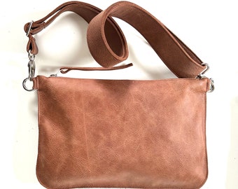 Große Crossbody Tasche Nubuk Cognac Echtleder Rindsleder Bauchtasche Ledertasche breiter Gurt