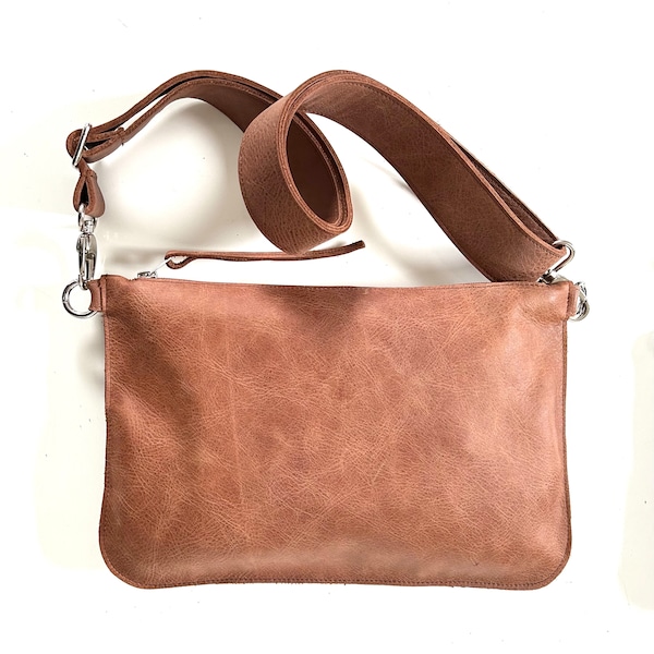 Große Crossbody Tasche Nubuk Cognac Echtleder Rindsleder Bauchtasche Ledertasche breiter Gurt