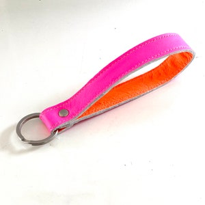 Lanyard neon pink with orange genuine leather 17 cm loop key hand strap