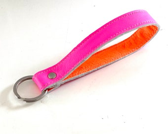 Lanyard neon pink with orange genuine leather 17 cm loop key hand strap